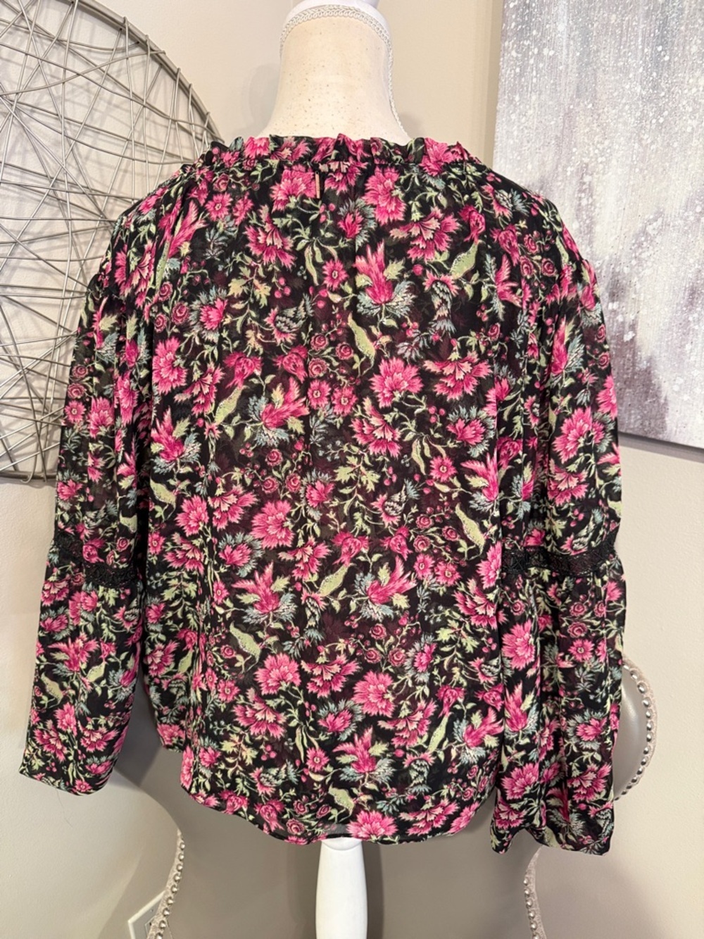 MISA Floral Tie-Neck Blouse in Pink and Black - Picture 4 of 7